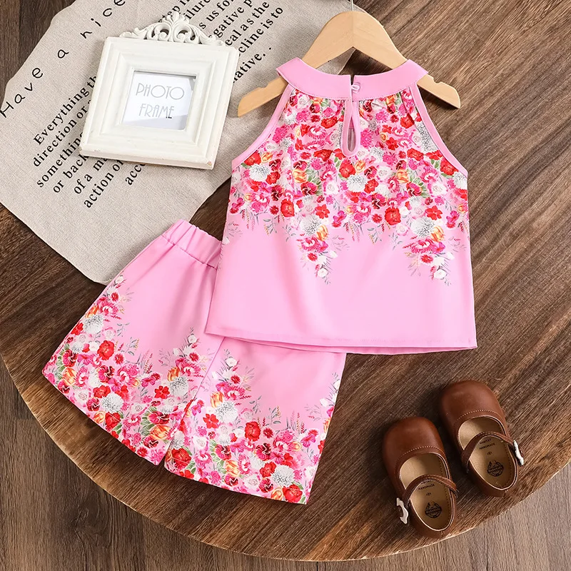 2026 New Arrival Girls 2 Piece  Outfit Spring Summer Fashion Printed Halter Neck Sleeveless Tank Top + Casual Shorts Set