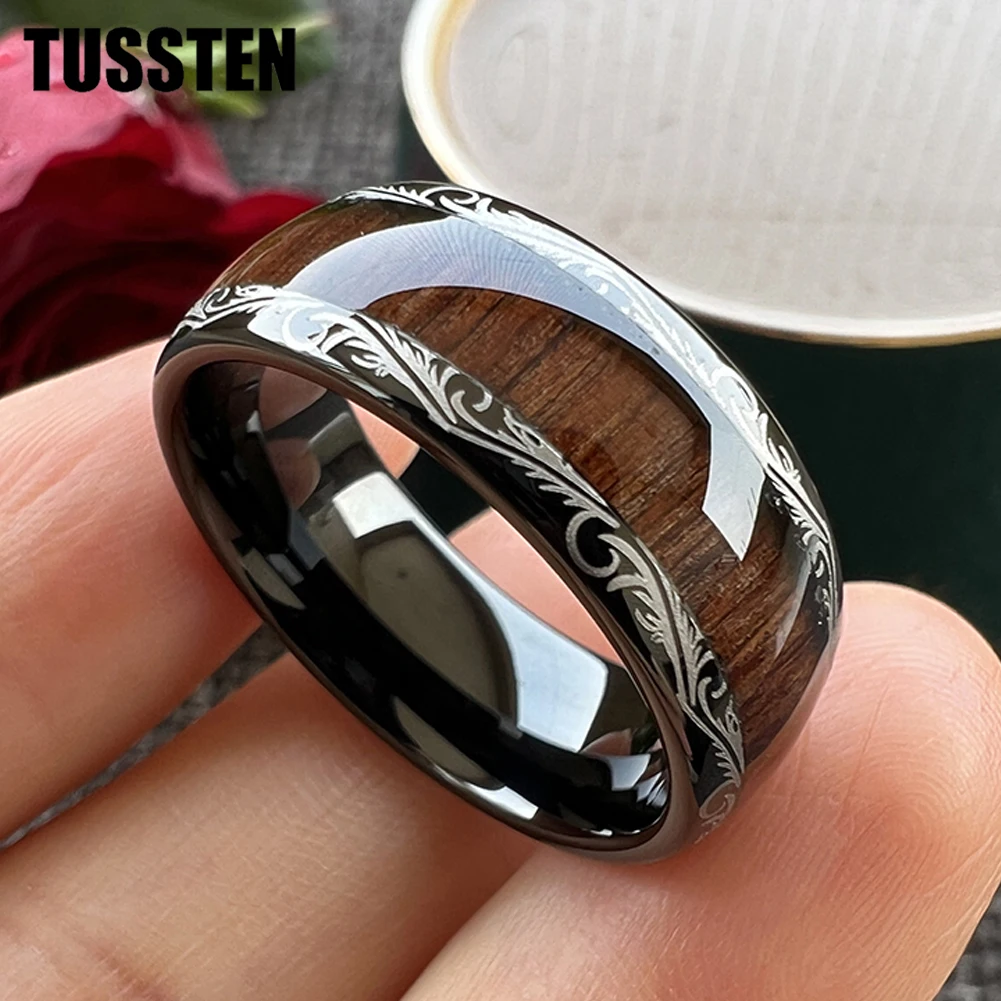 

Dropshipping TUSSTEN 8MM Men Black Phoenix Pattern Wood Grain Tungsten Ring Birthday Party Men's Jewelry Gift