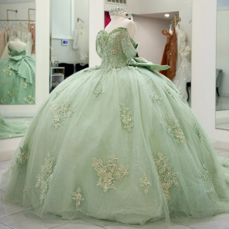 

Green Shiny Quinceanera Dresses Off The Shoulder Applique Lace Beading Bow Tull Party Birthday Sweet 16 Dress Vestidos 15 De