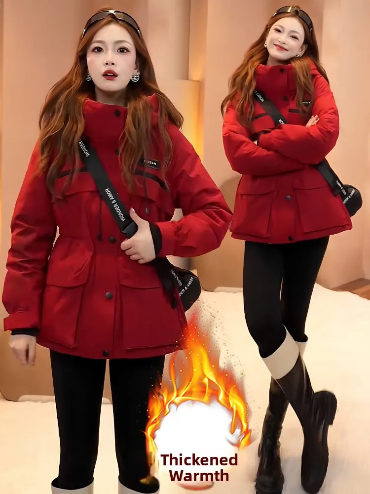 한국 슬레 티엔드 페이스 라인드 후드 다운 코튼 재킷 여성용 겨울 신상 슬레 웨이스트 따뜻한 아우터웨어