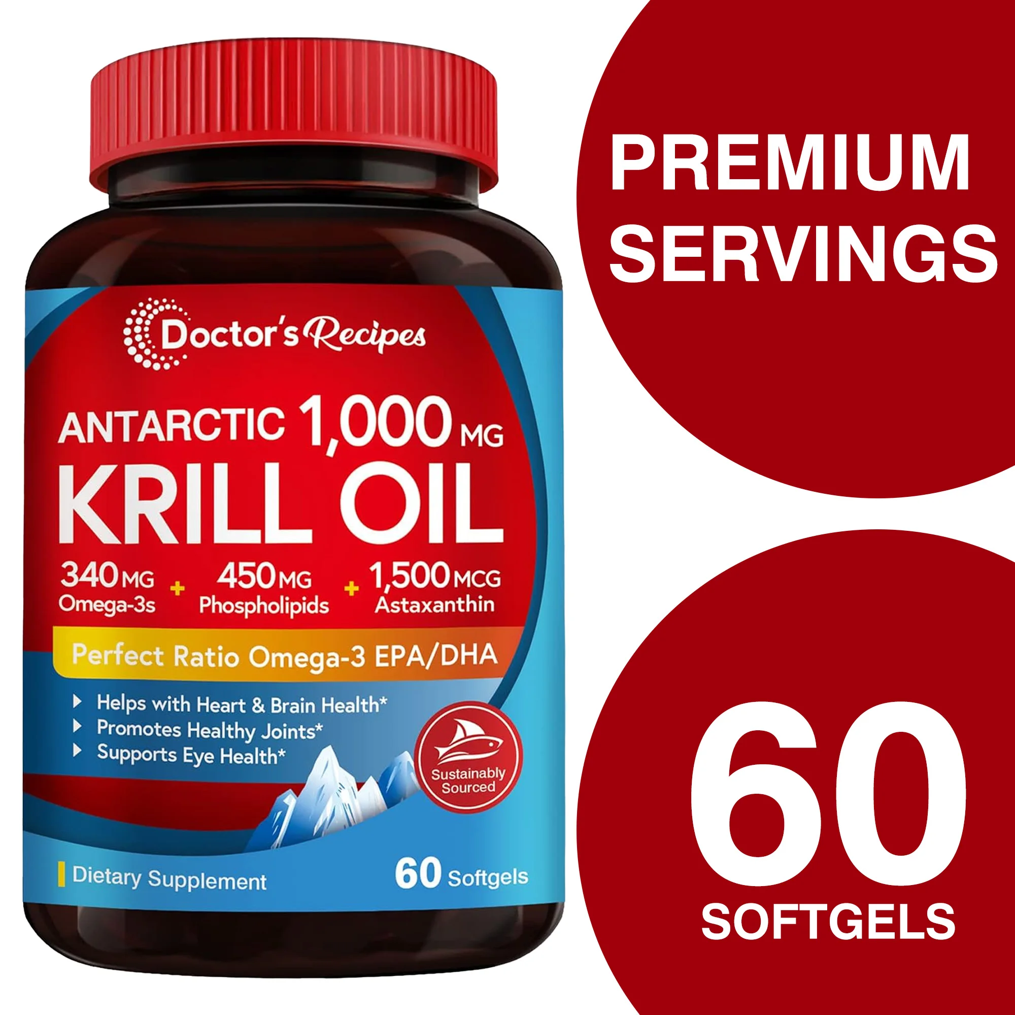 Antarctic Krill Oil 1000 mg - Astaxanthin, Contains Omega-3 EPA, DHA, Supports Heart, Brain Health, Balances Blood Sugar