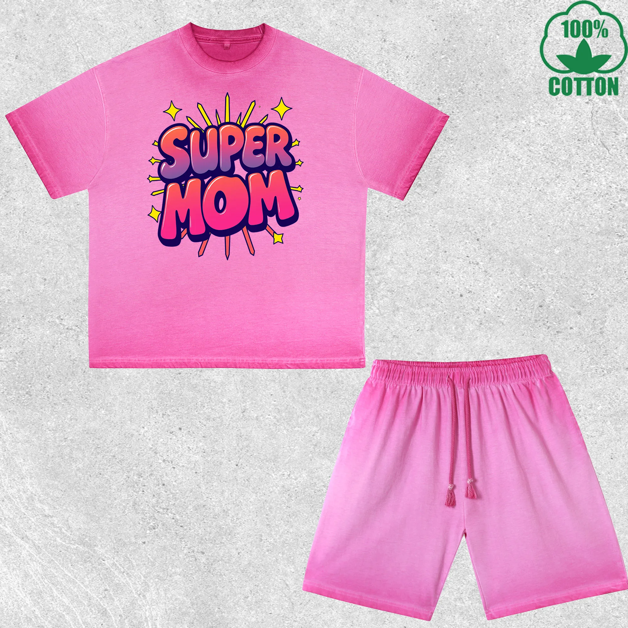 

Super Mom Printed Dirty Wash T-Shirt Shorts Set Multicolor Combo Loose Trendy Fashionable 100%Cotton Short Value Pack