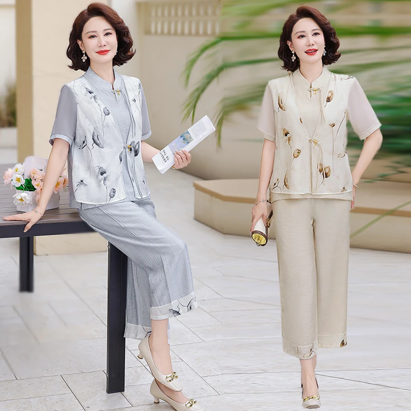 New Cut Retro Trend T-shirt+pants Set Summer Plus Size Cotton Linen Comfortable Women's Two-piece Button T-shirt Set Outdoor