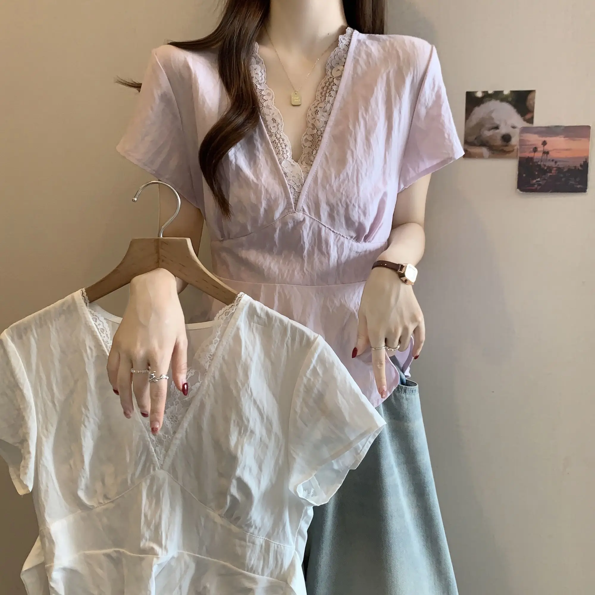 

Korean-style Lace-trimmed Tied Short-sleeved Shirt 2025 Summer New Model Slim Fit Waist-cinching Top