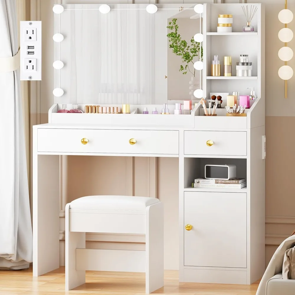 

White Vanity Set - LED Makeup Desk with Mirror, 12 Storage Areas & Power Strip, 5 Compartments