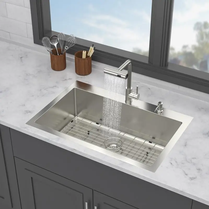 

33-Inch Drop-in Kitchen Sink with Pull-Down Faucet & Soap Dispenser - 33 x 22 Inch Single Bowl 16-Gauge Stainless Steel