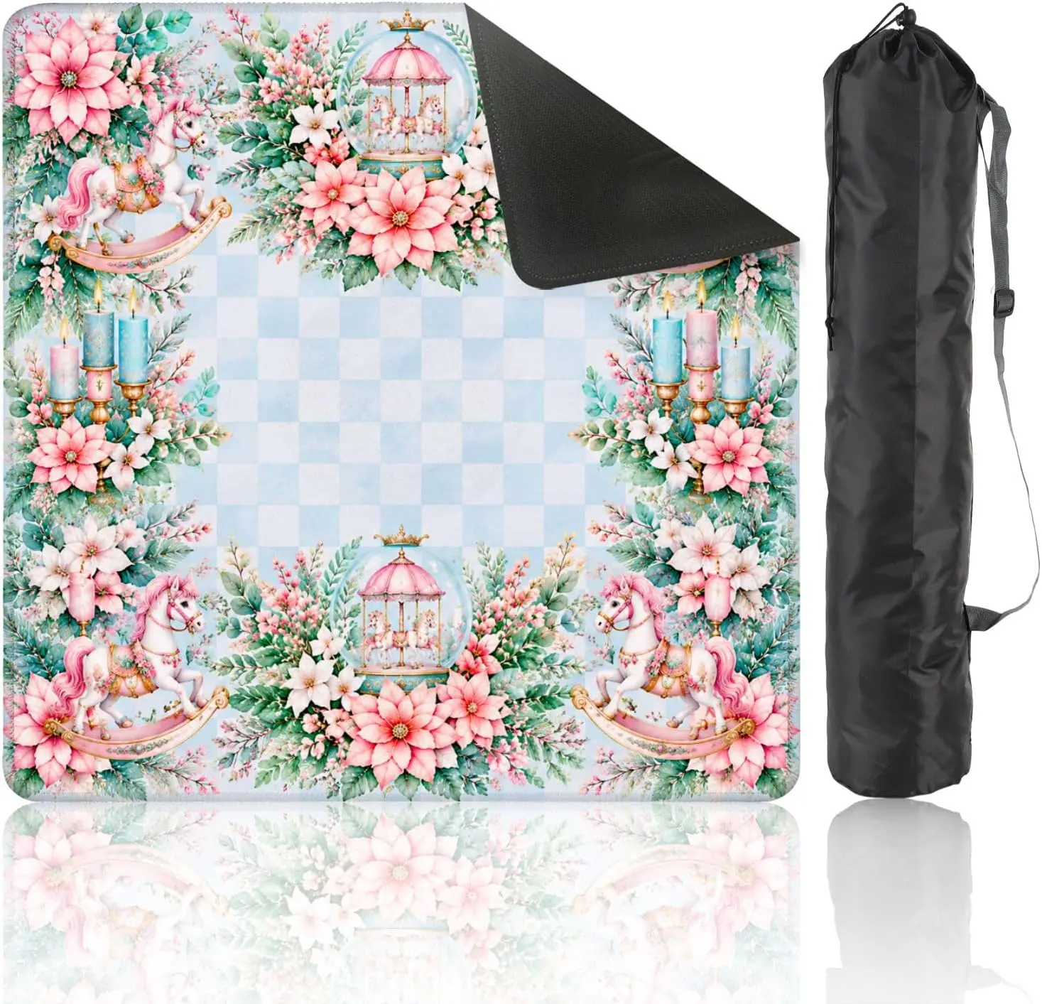 31.5x31.5 Floral Christmas Carousel Rocking Horse Pink Poinsettia Mahjong Mat Non‑slip Noise‑reducing Pad for Poker Dominoes