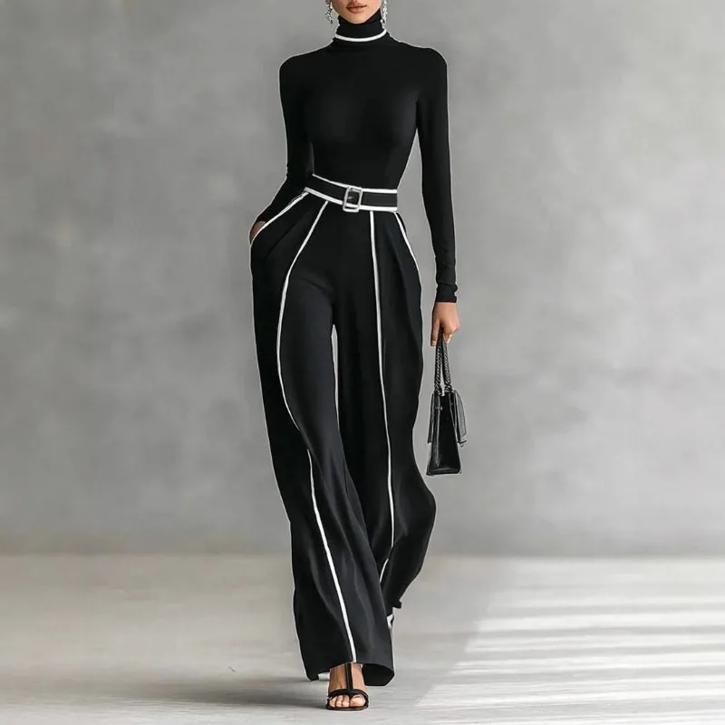 

Новый зимний женский контрастный топ с длинными рукавами и воротником-стойкой, прилегающим поясом и широкими брюками.