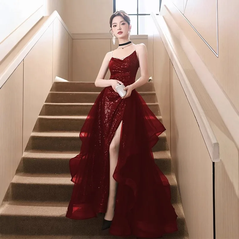 

2026 новое женское красное сексуальное вечернее платье с разрезом на подтяжках и пайетками, модное утягивающее банкетное длинное стильное платье на молнии сзади