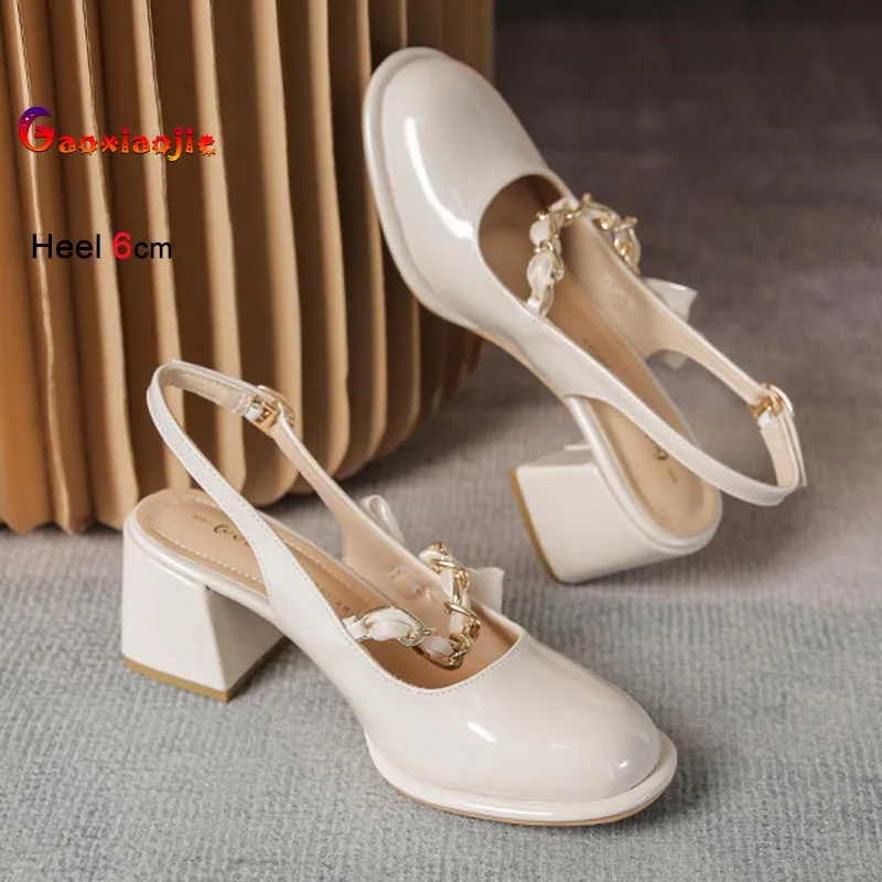 

New Fairy Style Apricot Sandals Summer Women's Shoes Metallic Chain 6CM Coarse Heel Casual Single Shoes Party Work Female Pumps