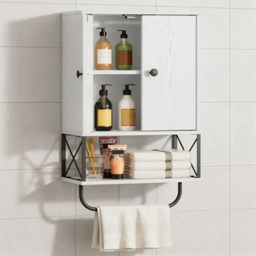 

Bathroom Wall Cabinet with 2 Door and Adjustable Shelf, Farmhouse Medicine Cabinet with Towel Rack, 3-Tier Wall Mounted Storage