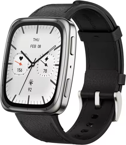 Amazfit Active 2 Premium smartwatch fitness tracker (quadrado) para Android e iPhone, vidro de safira, pulseira de couro + esporte