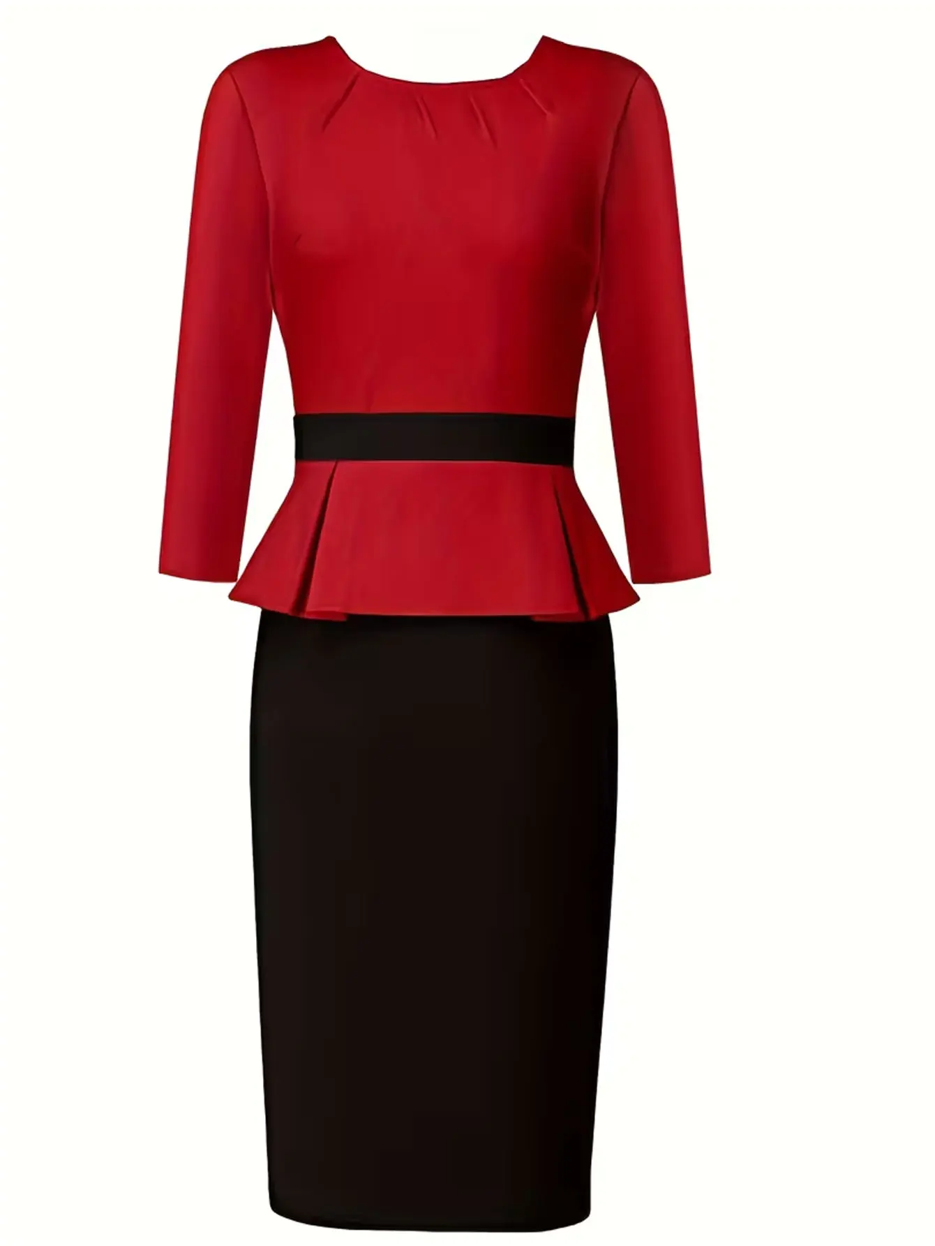 Elegantes Damenkleid mit 3/4-Ärmeln, Rundhalsausschnitt, Farbblockdesign, Knielang, für Cocktailpartys, Arbeit und Business, mit Plissiertem Taillenband und Schlanker Bleistiftsilhouette – Detail 6