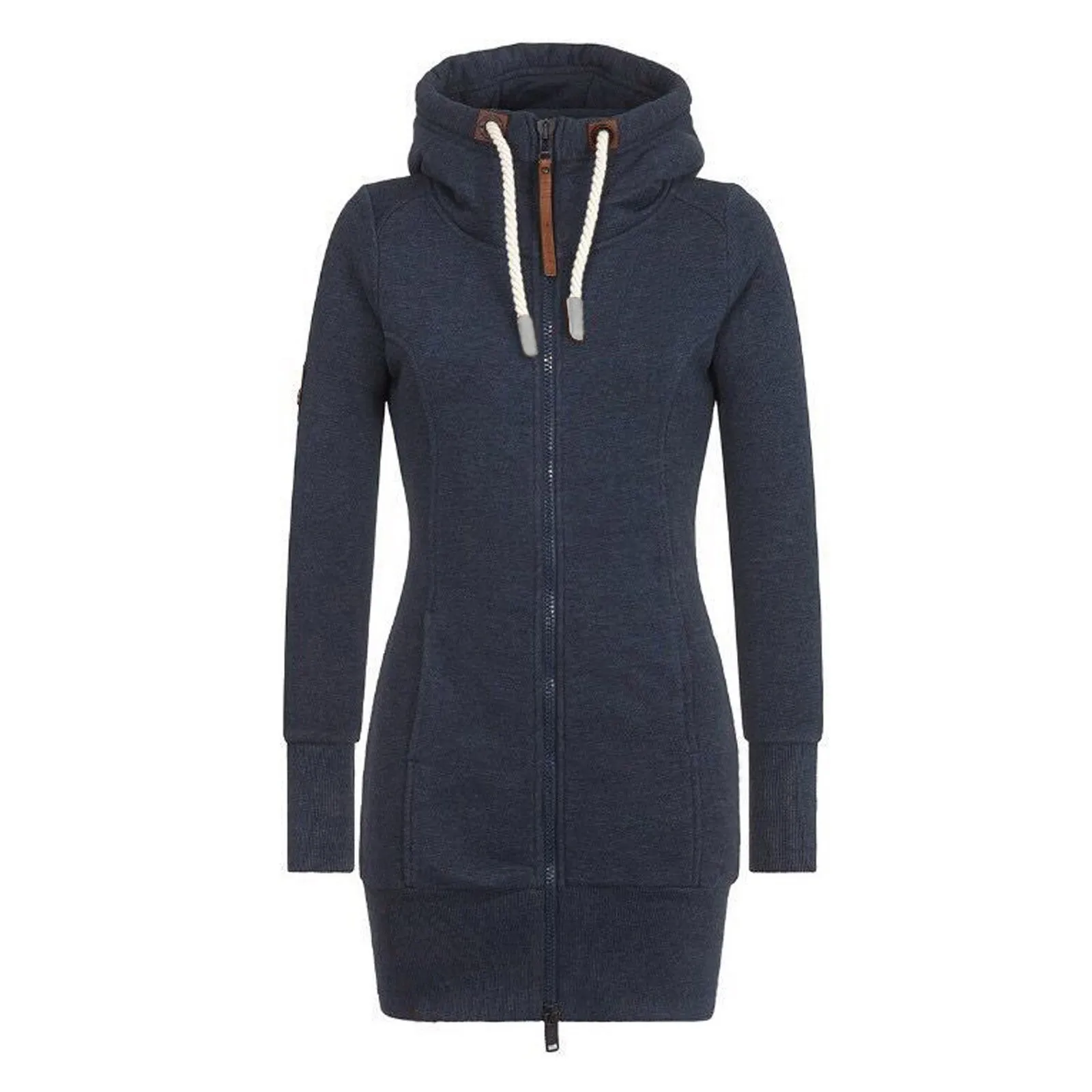 Autumn Winter Ladies Knee-Length Dress Hooded Warm Sweatshirt Long Sleeve Camp Collar Pocket Simple Casual Sports Dress