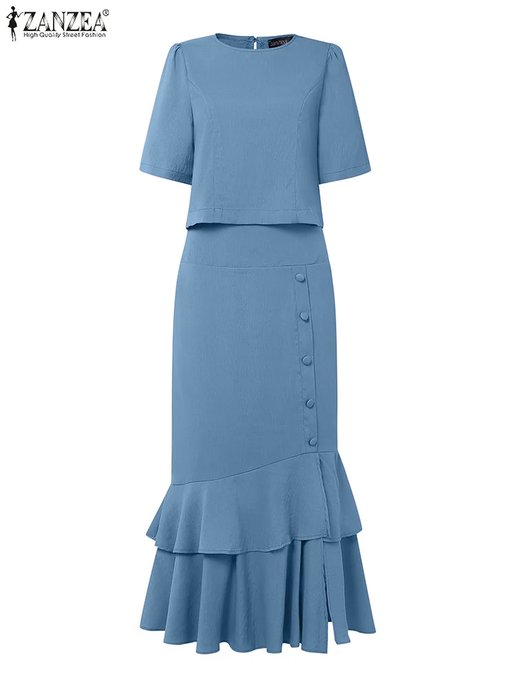 

ZANZEA Elegant OL Work Dress Sets Women Solid Short SLeeve Tops Irregular Ruffled Long Skirts Suits 2025 Matching Sets