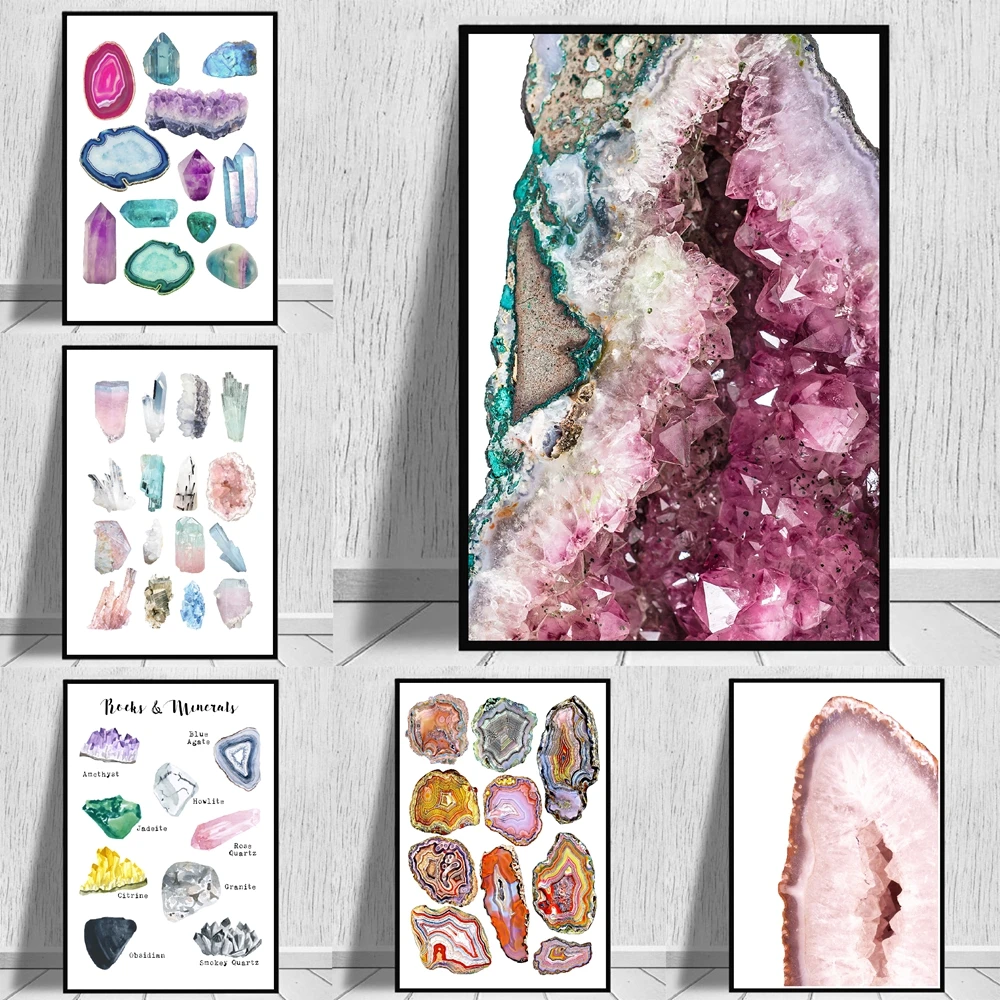 Pink Amethyst Gemstone Abstract Canvas Painting Poster Geode Agate Wall Art Picture Crystal Print Office Home Room Decoration