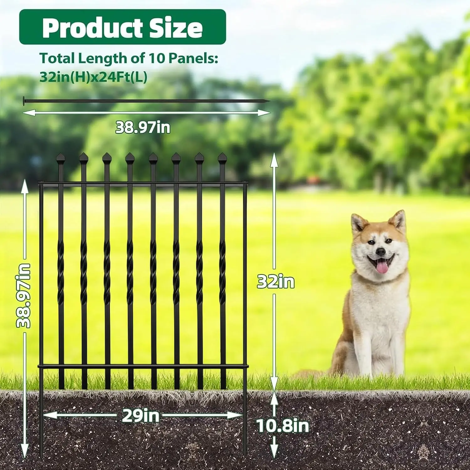 10 Panels Decorative Garden Fence, 32in(H) x 24Ft(L) Heavy Duty Twist Outdoor Dog Fence Rustproof Metal Square Tube No Dig