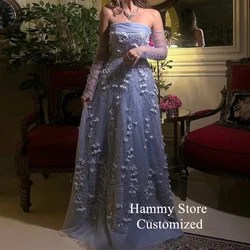 Arabian Flower Lace Evening Dress Customized Tulle long Sleeve Beading A Line Saud Arabic Pageant Prom Gown Robe De Soiree