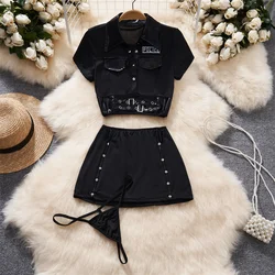 Women's Secret Clothes Sexy Police Uniform Cosplay Black Set Slim Crop Top Short Sleeve Shirt Elastic Waist A-Line Short Skirt