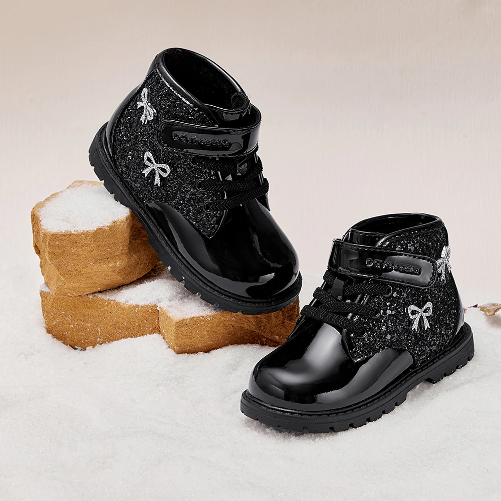 Dave Bella Girls Leather Boots Winter Warm Velvet Plush Shoes Kid Soft Anti Slip Children Black Princess Boots DB4263441