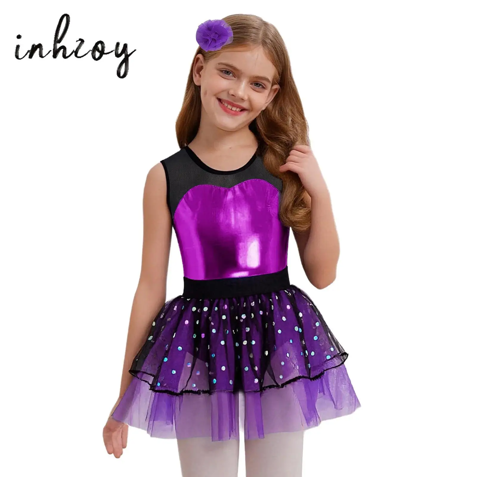 

Kids Girls Jazz Dance Dress 2Pcs/Set Sleeveless Sheer Mesh Patchwork Metallic Bodice Tulle Tutu Dress+Headwear Ballet Dancewear