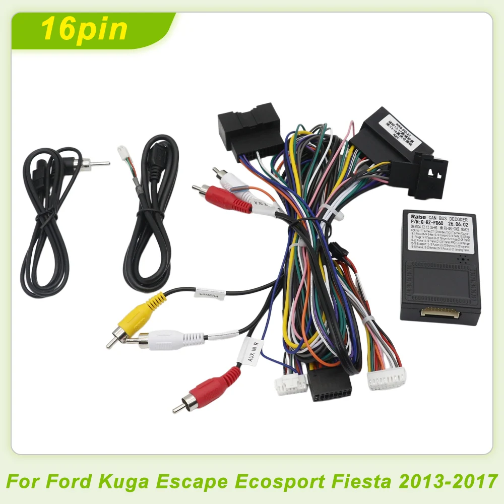 16Pin Car Radio Wiring Harness CANBUS Decoder for Ford Kuga Escape EcoSport Fiesta 2013-2017 Android Stereo Power Cable