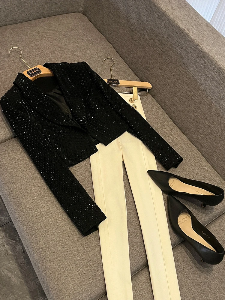 

Высококачественный женский костюм Jaet с тяжелой вышивкой стразами, универсальный утягивающий костюм для осенне-зимней офисной одежды DK