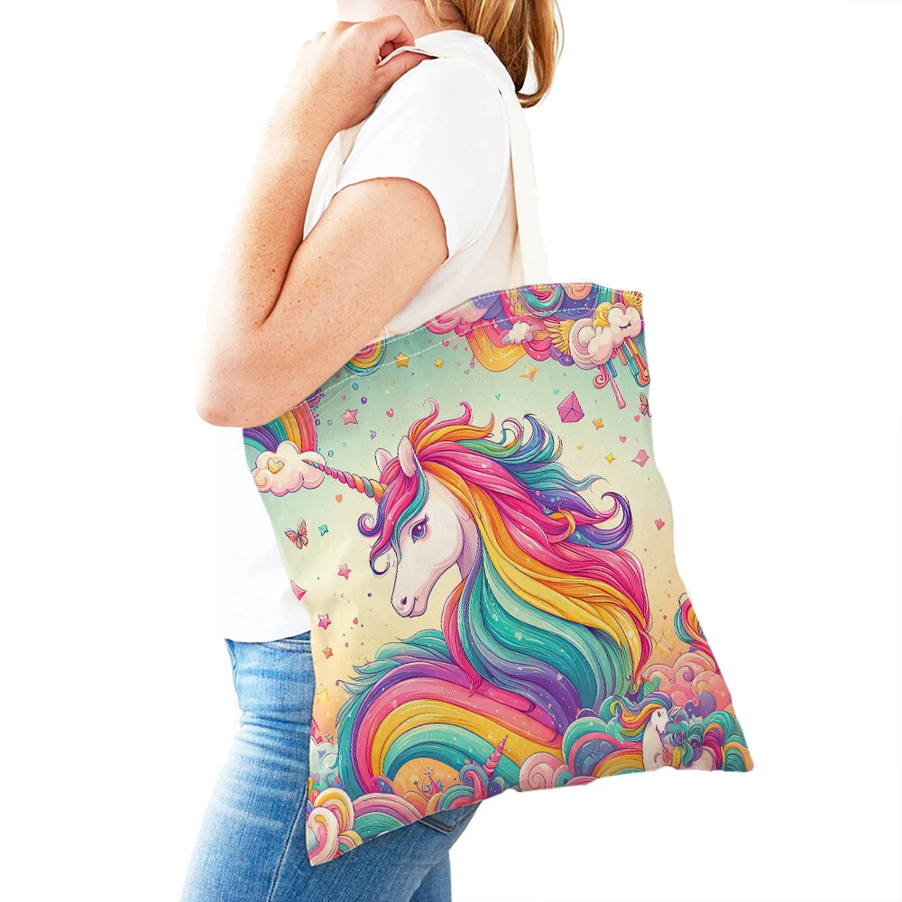 Bolsos de compras bonitos de animales de dibujos animados para mujer, bolso de compras de regalo para niños con doble estampado, bolso de hombro con diseño de unicornio mágico para mujer