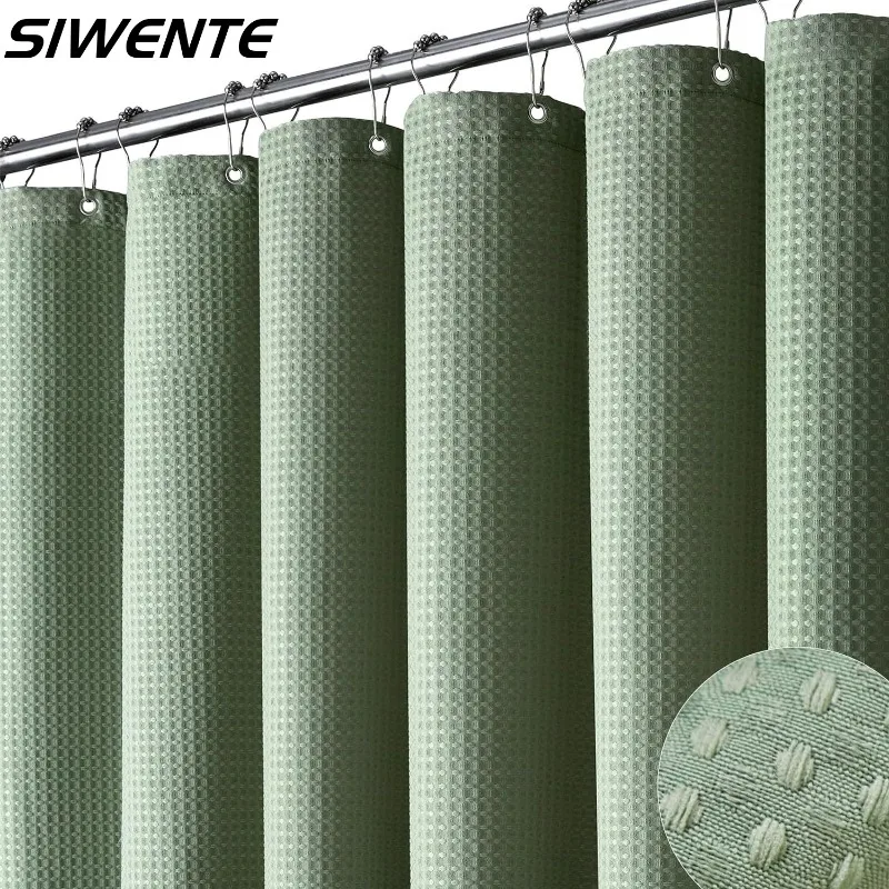 

Simple Washable Partition Curtain with Hooks Waterproof Mildew Resistant Plain Waffle Shower Curtain Bathroom Privacy Protector