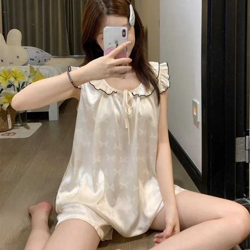 

Bow Print Sleepwear Women Pajama Sets Korean Piiama Sleeveless Female Sets 2 Pieces Night Wears Ruffles Cute Home Suit 2025 New