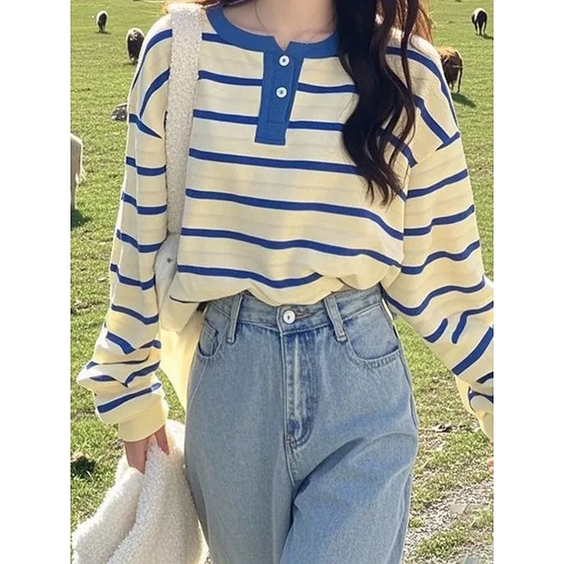 المألوف الكورية نمط الأزرق مخطط بأكمام طويلة تي شيرت للنساء الخريف جديد فضفاض ومتعدد الاستخدامات #4