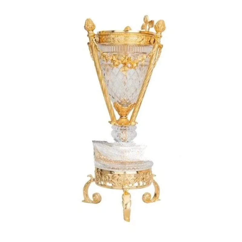 

Golden brass incense burner, high carved crystal body ornate decorative base and classical luxury design