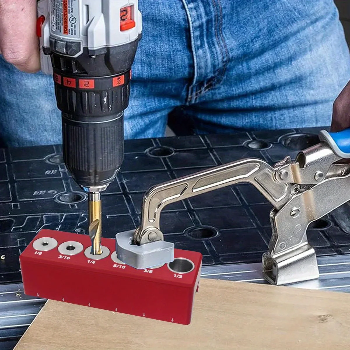 Localizzatore per guida di perforazione portatile in pollici per carpenteria, 6 guide per trapano temprate Posizionatore di fori per tasselli con maschera per fori tascabili verticali