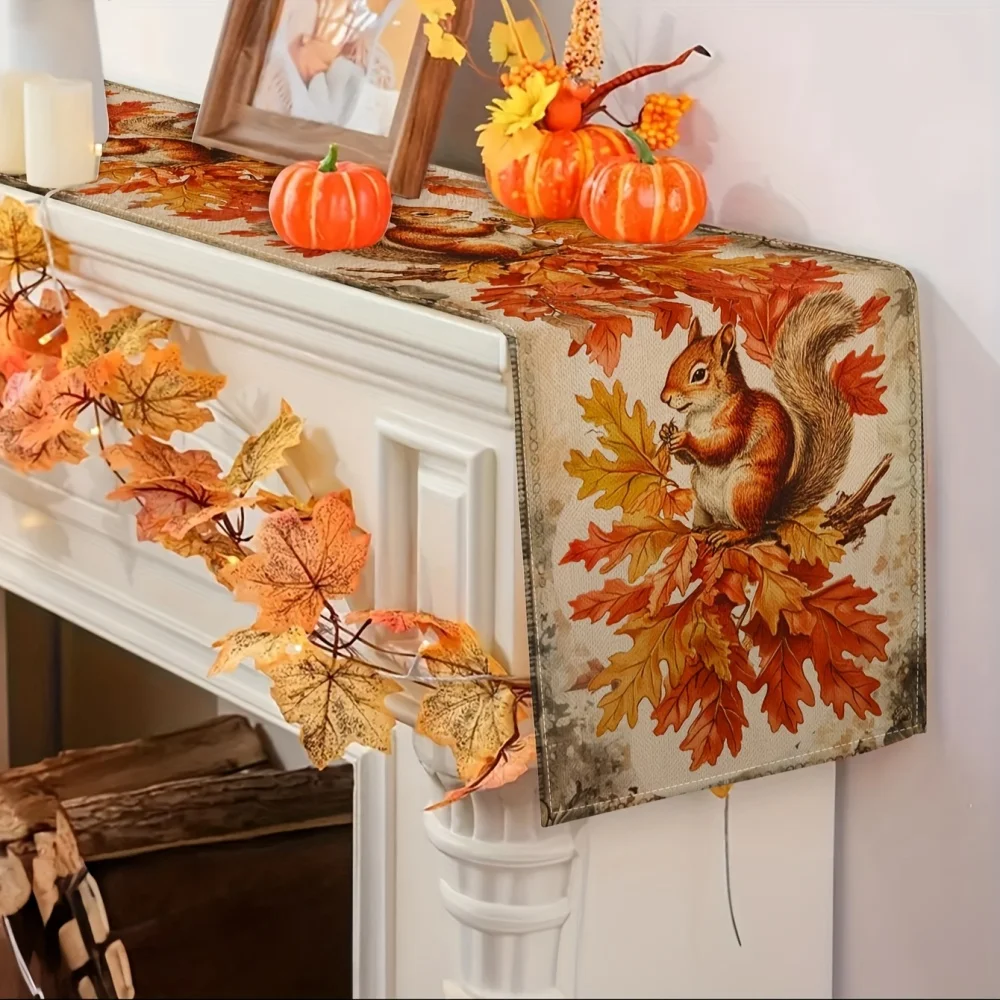1pc Thanksgiving Table Runner - Squirrel Pattern Design, Autumn Party Decor, for Festival Catering Decoration