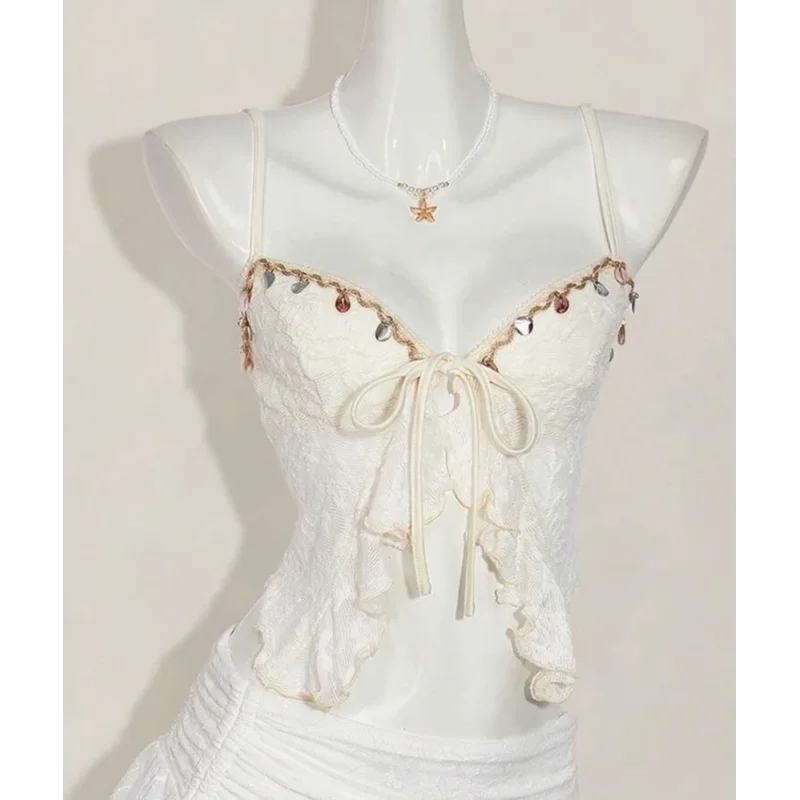 

New Fashionable Sweet Girl Style Strap Vest Elegant Temperament Glitter Waist Slimming Lace Strap Top