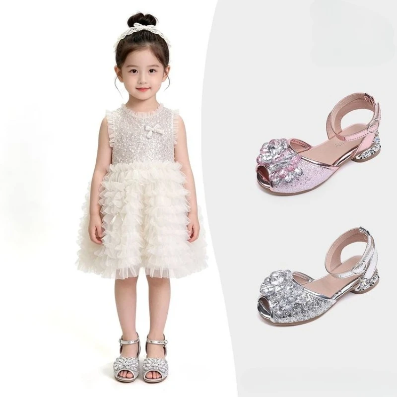 Summer Children's Glitter Low Heel Sandals Luxury Rhinestone Girls Perform Dress Shoes for Princess Wedding Party Kids Sandals