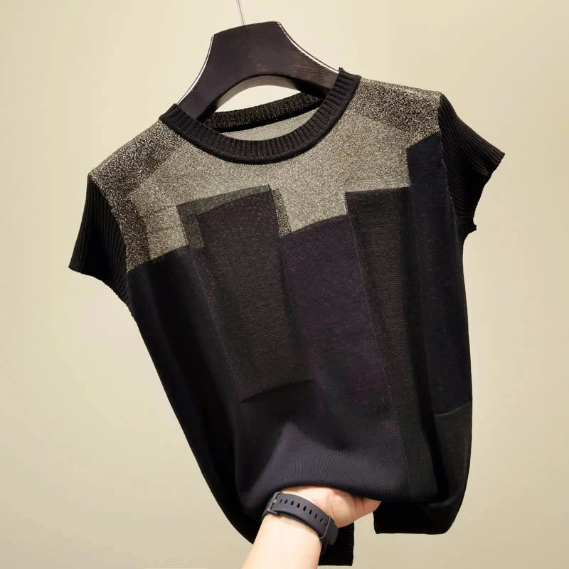 Summer Patchwork Ice Silk Knitted Tops Blusas Mujer De Moda Women O-neck Short Sleeve Pullover 2024 Fashion Thin Blouse 8796