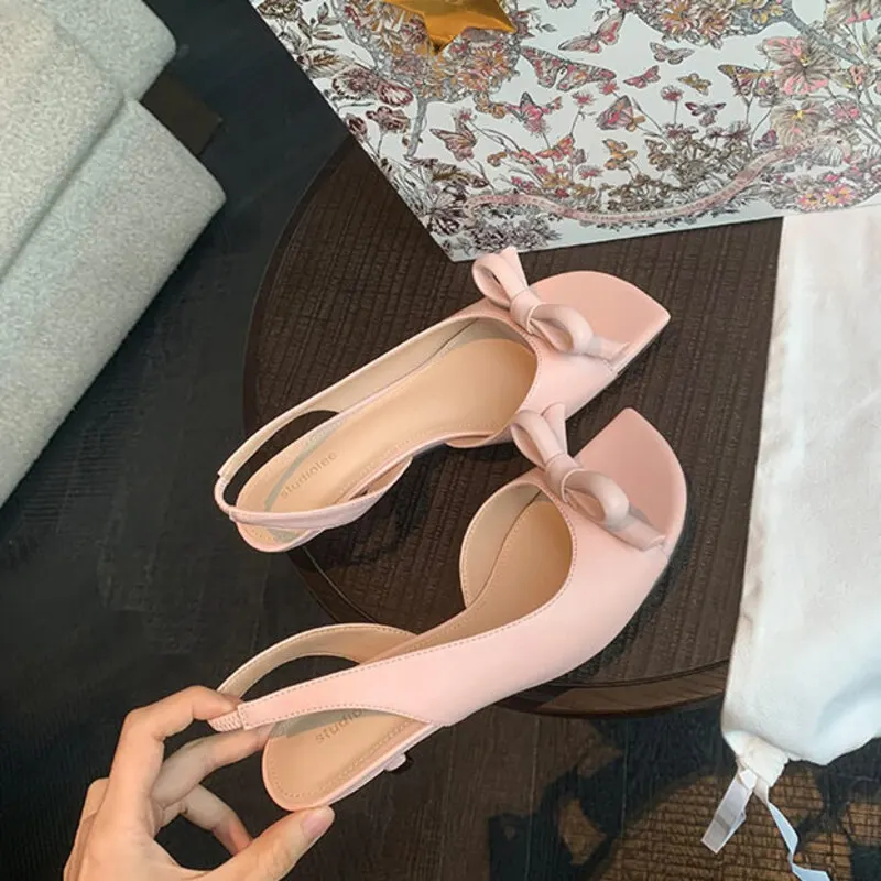 Elegant bow satin low heels sandals women's 2026 summer new in blue/white/violet slingback leather heels luxury designer shoes - view 4