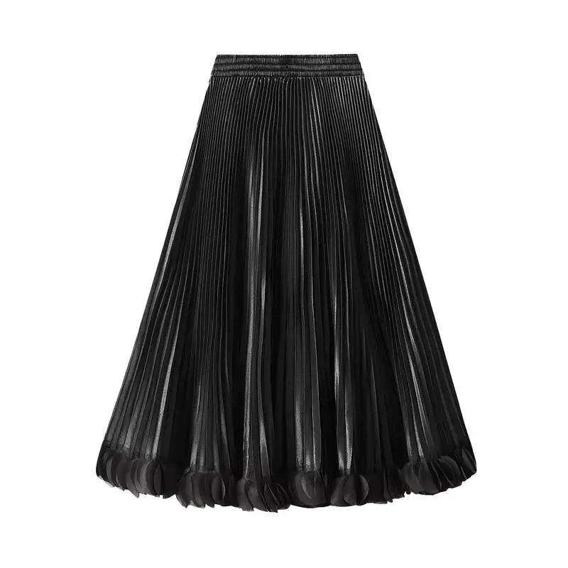 Bottom Petal Mesh Splicing Black White Pleated Midi Skirts Women 2025 Fashion Elegant Party Skirt