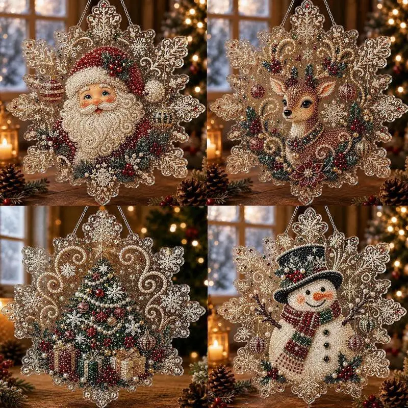 【A】Acrylic Santa Claus Snowflake Hanging Ornament With Embedded Rhinestone & Pearl Decor, Christmas Wall Hanging Decoration