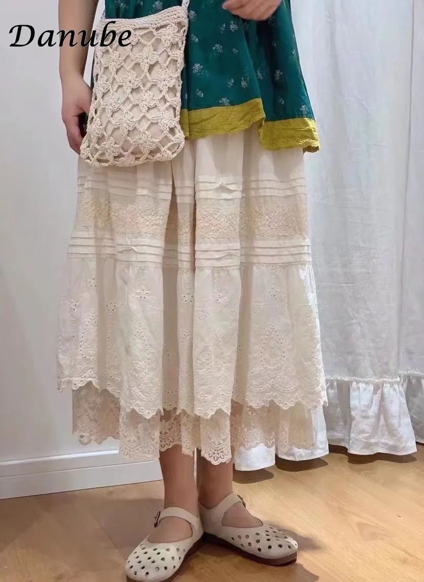 Vintage Embroidery Patchwork Cotton Linen Skirt Women Japanese Mori Girl High Waist Double Lace Loose Lolita Skirt Faldas Mujer