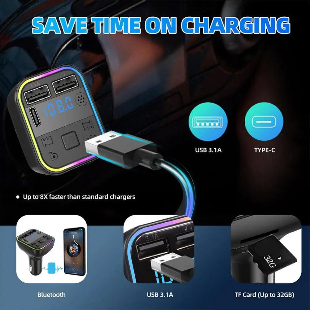 

Car Bluetooth 5.0 FM Transmitter Type-C Dual USB 3.1A Charger Fast Ambient MP3 Handsfree Colorful Player Light Modulator U7L3