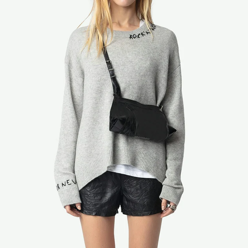 

Серый свитер с круглым вырезом, женский повседневный джемпер с вышивкой букв, повседневные кашемировые пуловеры, женские свитера Zadig, топы с длинными рукавами