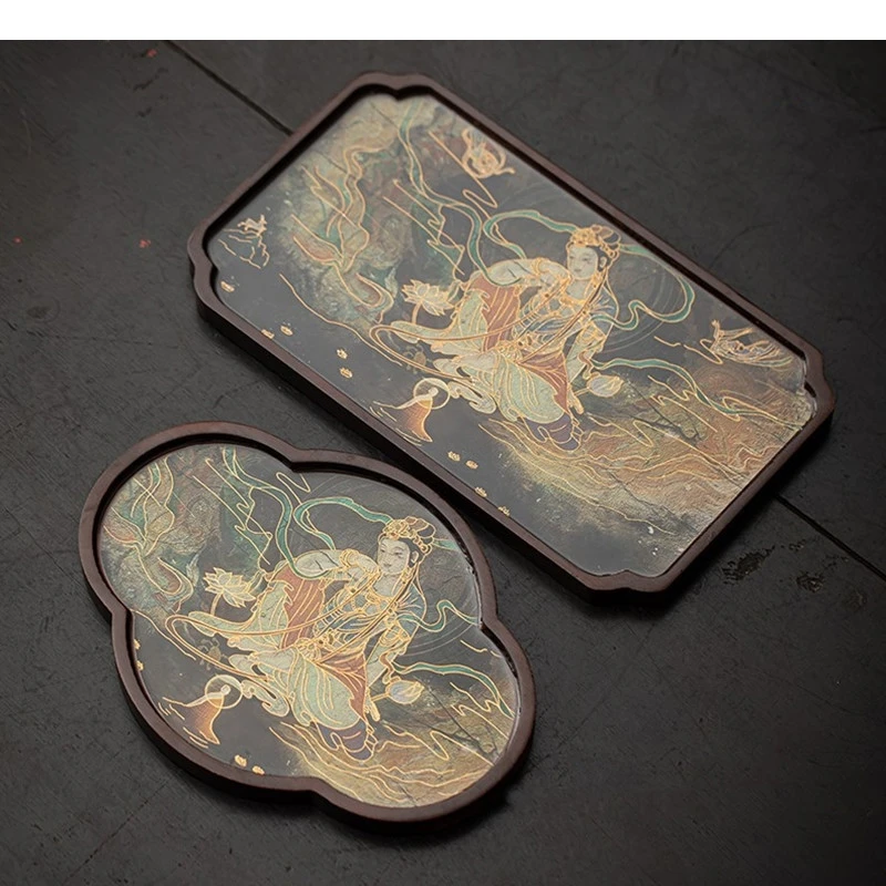 Dunhuang Mural Bamboo Glass Tea Tray Office Set Cup Storage Decoration Chinese Accessories Friend Gifts