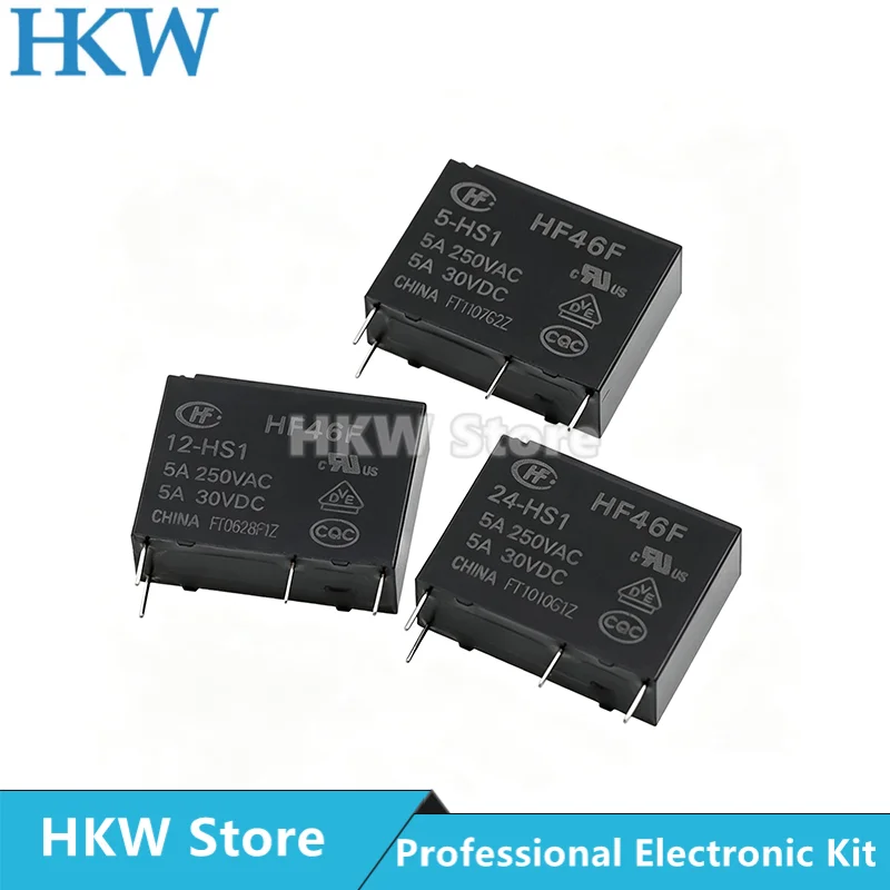 10pcs/lot 5A 4Pins HF46F-005-HS1 HF46F-012-HS1 HF46F-024-HS1 Power Relay A Normally Open 5V 12V 24V 5A 250VAC New and Original