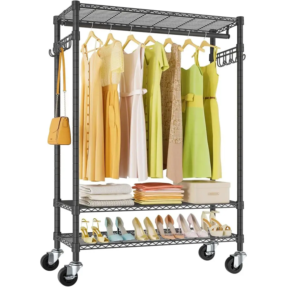 R3 Plus Rolling Clothes Rack Heavy Duty Closet or Hanging Clothes | Lockable Silent Wheels, Adjustable Wire Shelving, Metal Side
