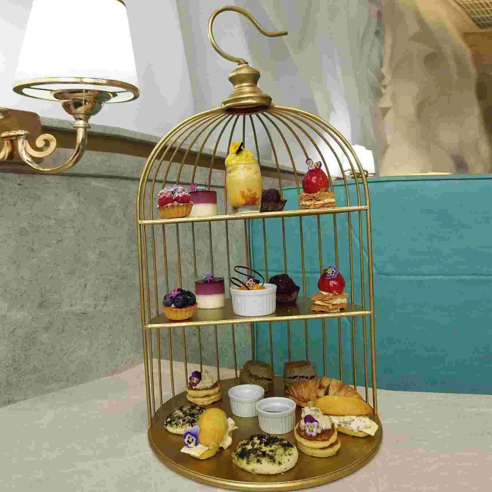 

25 Cm Stand with Three Trays Bird Cage Cake Desserts Appetizers Display Shelves Gold Decor Round Iron