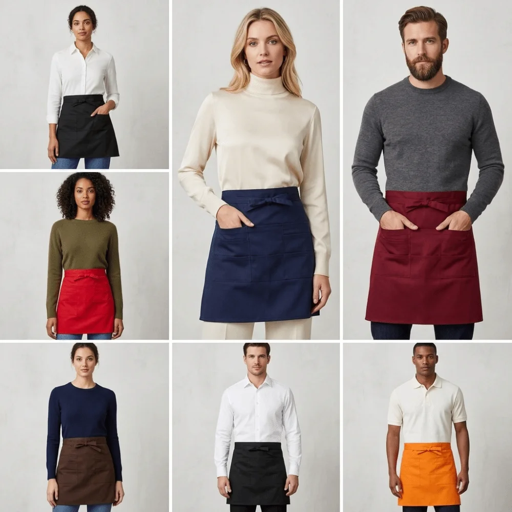 New Two Pockets Waist Apron Short Tie Straps Server Apron Antifouling Bow Detail Half Aprons Restaurant Serving