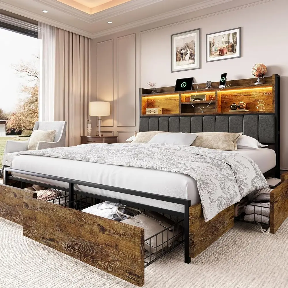 

Vintage Brown King Bed with 6 Drawers, Linen Upholstered Headboard, Built-in Charging and LED, Metal Support, No Box Spring Need