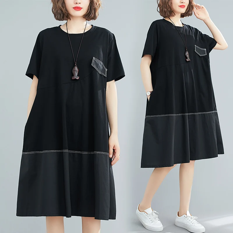 

plus Size Women's Elastic Cotton Splice Summer Loose Casual Belly Covering Slim ort Sve round Ne Mid-Length Dr